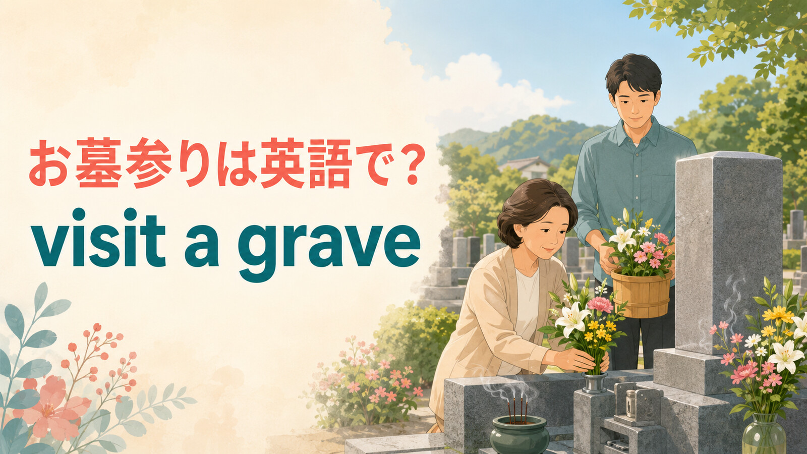 お墓参りは英語でvisit a graveと示した英語学習アイキャッチ
