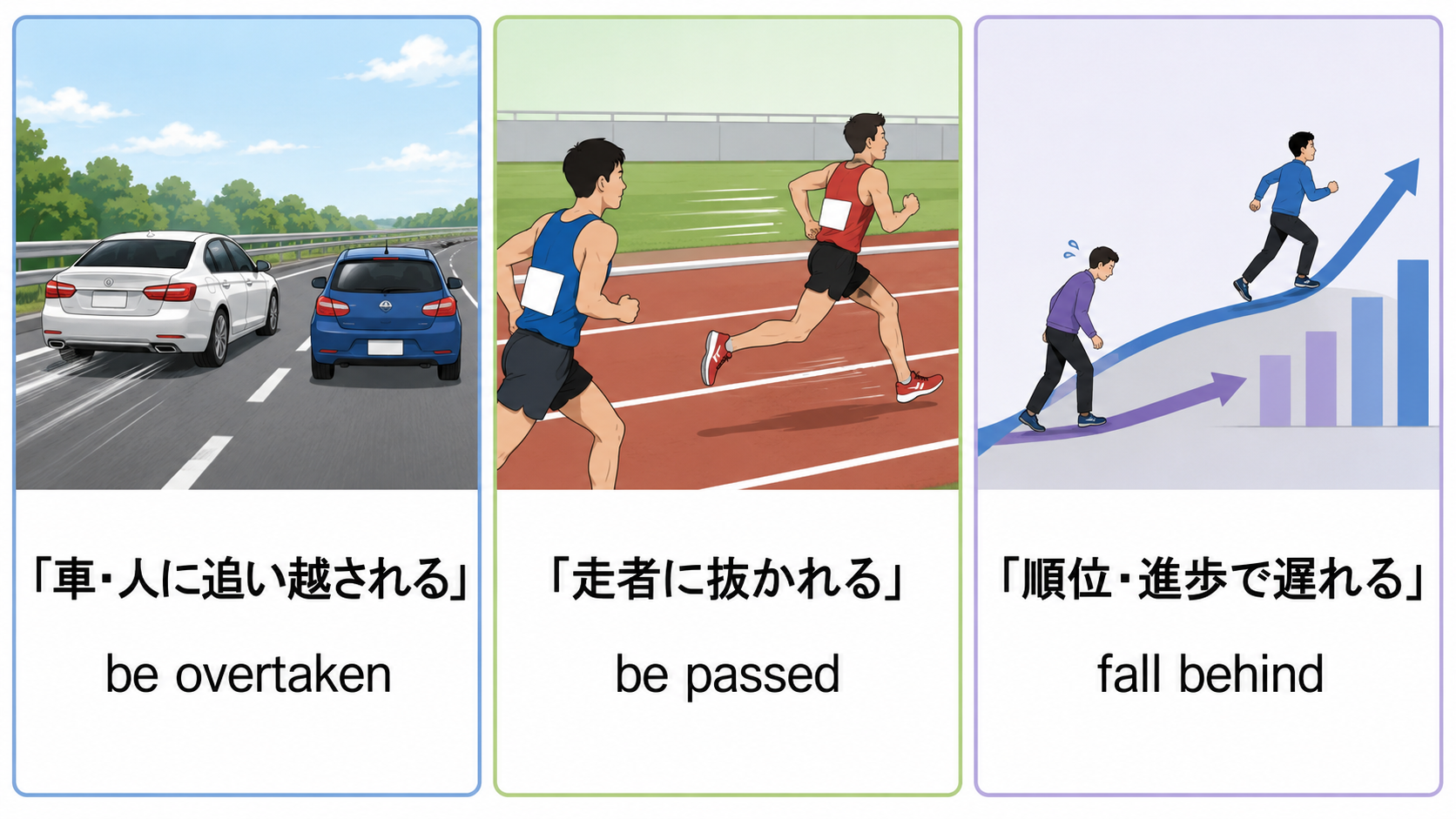 be overtaken・be passed・fall behindで表す「追い越される」の違い