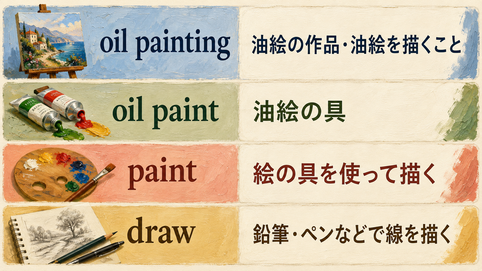 oil painting・oil paint・paint・drawの違いを示す比較図