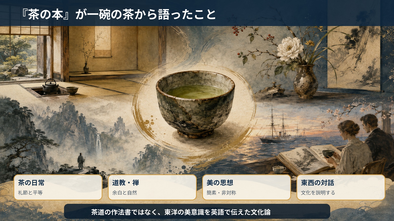 茶の日常、道教と禅、美の思想、東西の対話を整理した説明イラスト