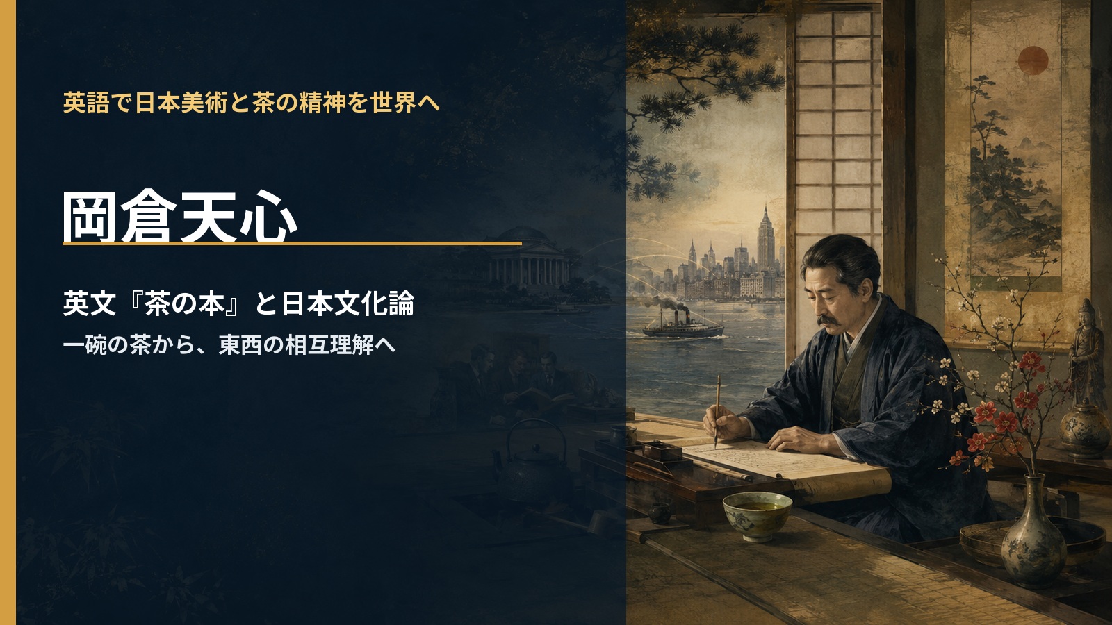 岡倉天心が英語で茶の精神と日本文化を世界へ伝えたことを表すアイキャッチ