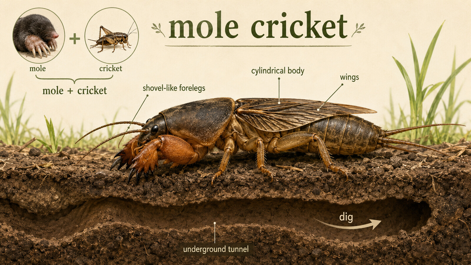 moleとcricketを合わせた名前、オケラのシャベル状の前脚・円筒形の体・翅・地下トンネルを示す英語図解