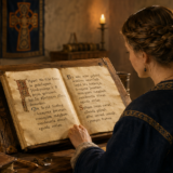 古英語の写本を読む女性とアングロ・サクソン時代の書斎