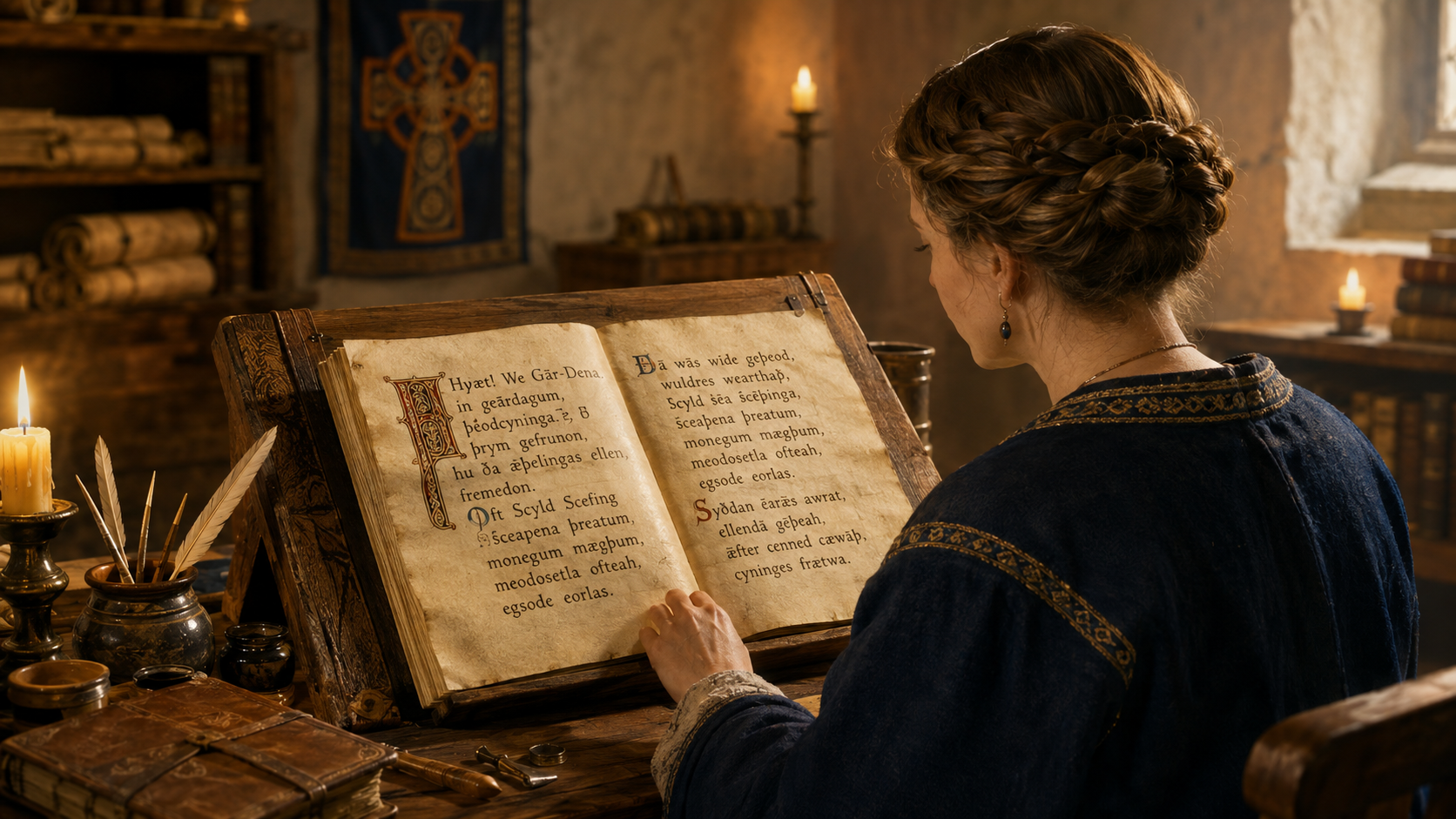 古英語の写本を読む女性とアングロ・サクソン時代の書斎