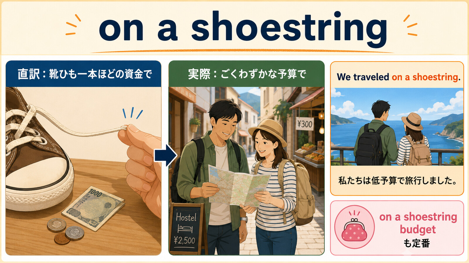 on a shoestringの直訳と実際の意味を比較する本文イラスト