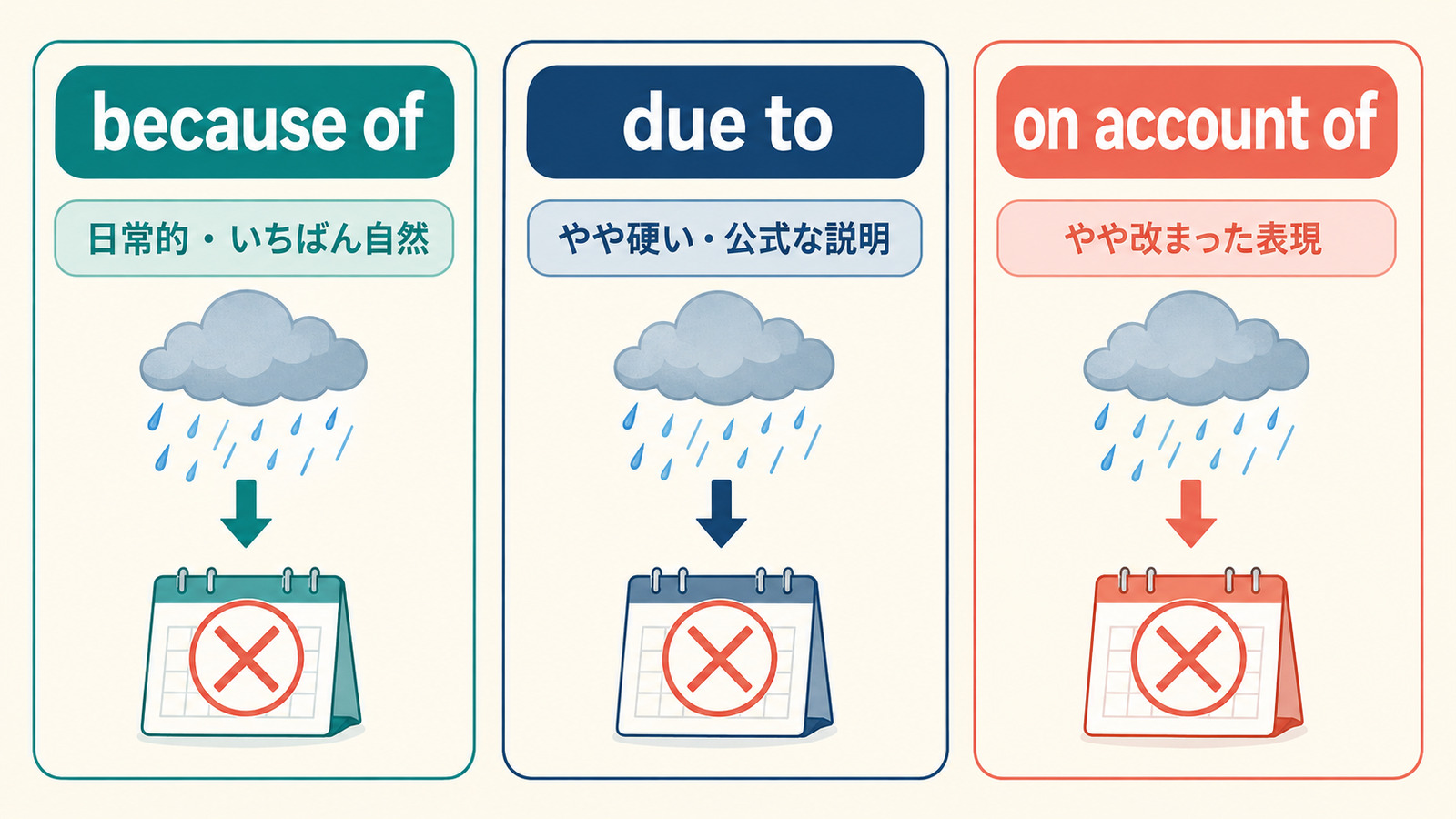 because of、due to、on account ofのニュアンス比較
