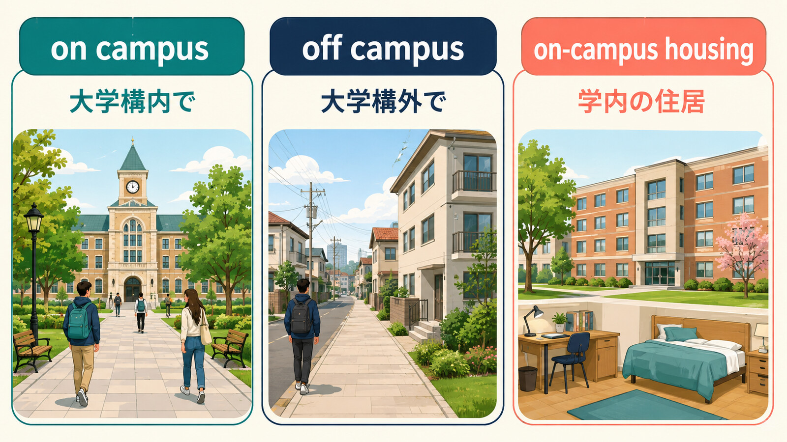 on campus、off campus、on-campus housingの意味と語順の比較