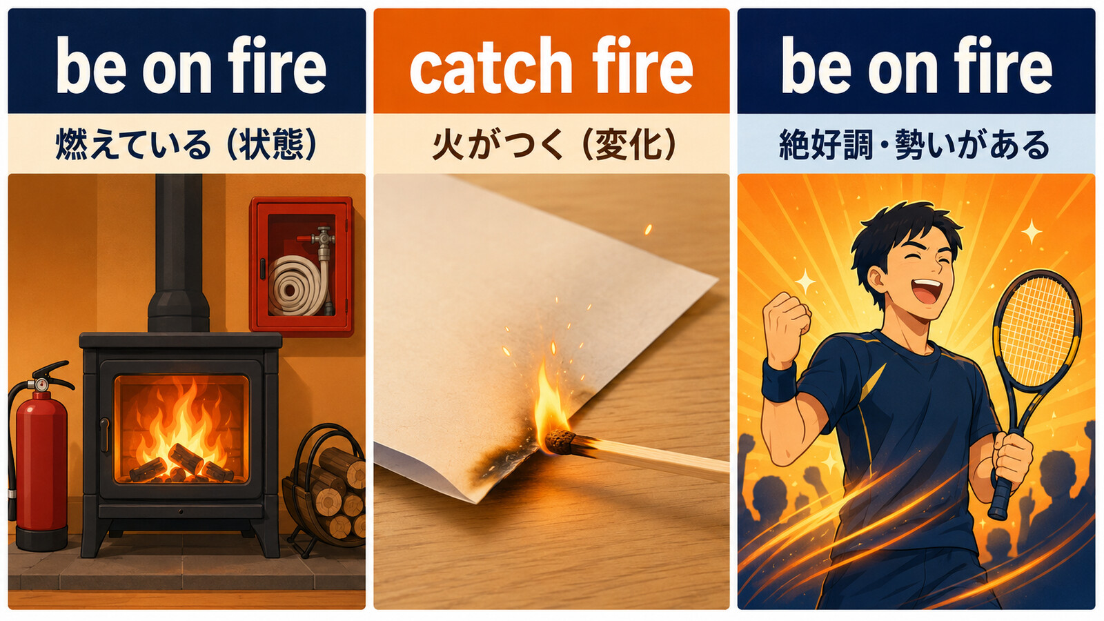 be on fire、catch fire、絶好調を表すon fireの意味の比較