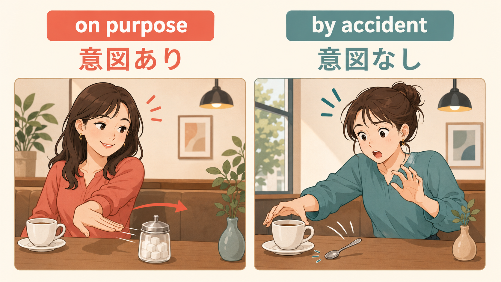 on purposeは意図あり、by accidentは意図なしという違いを示した比較イラスト