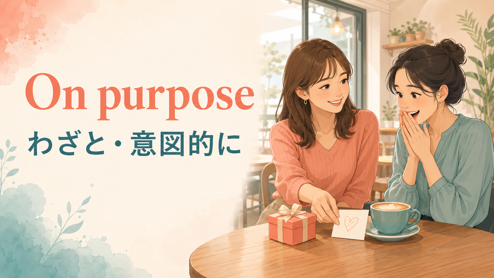 On purposeの意味を意図的に友人を喜ばせる場面で表したイラスト