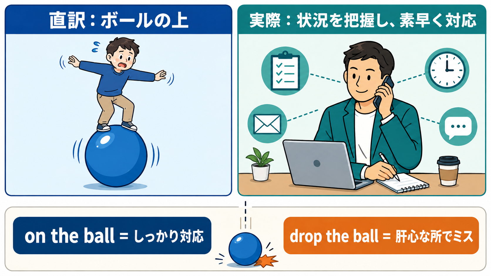 on the ballの直訳と実際の意味、drop the ballとの違いを示す解説図