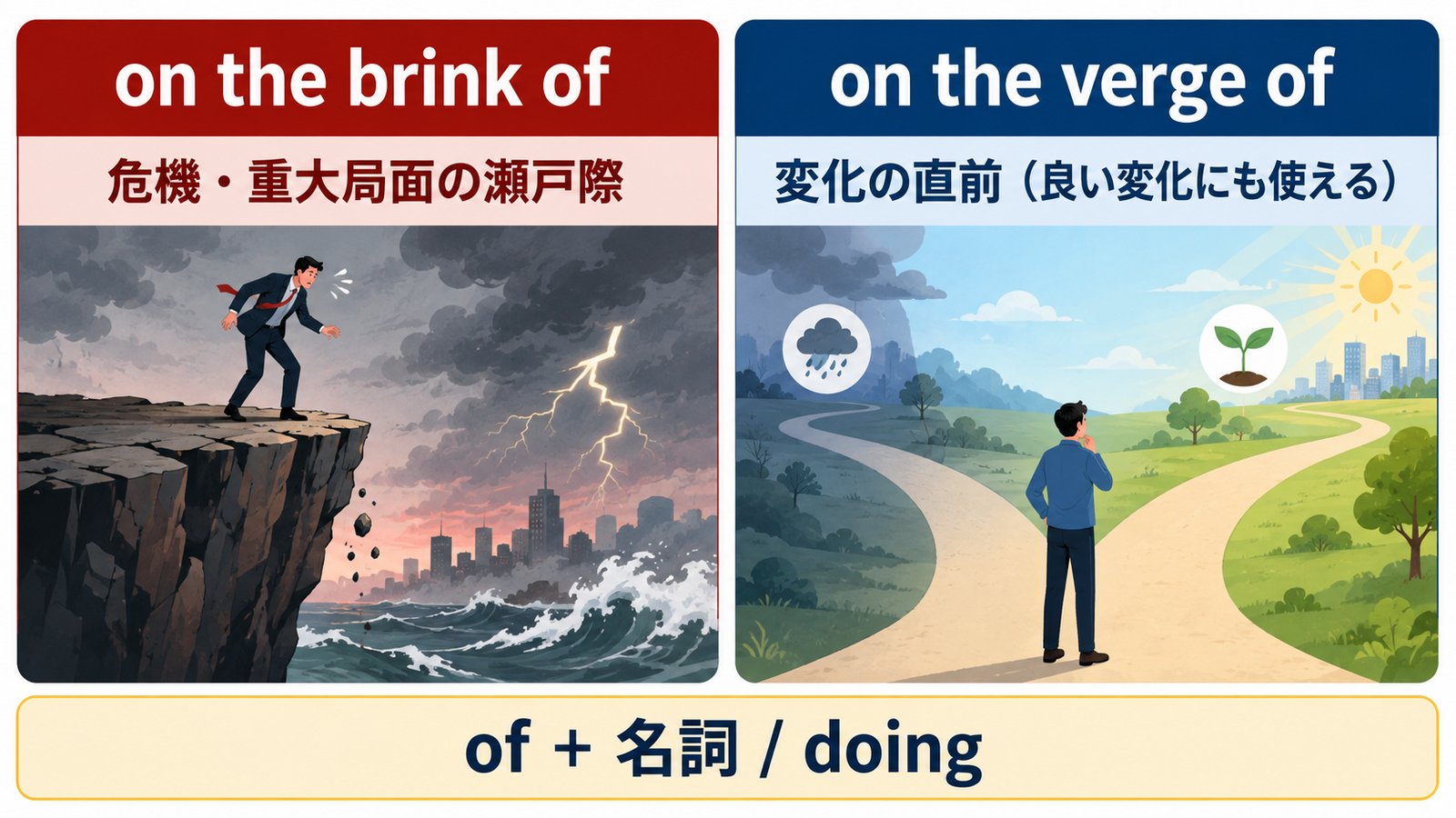 on the brink ofとon the verge ofのニュアンスと語順を比較する図解