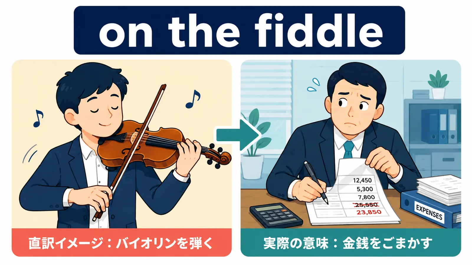 on the fiddleの直訳イメージと実際のニュアンスの比較図