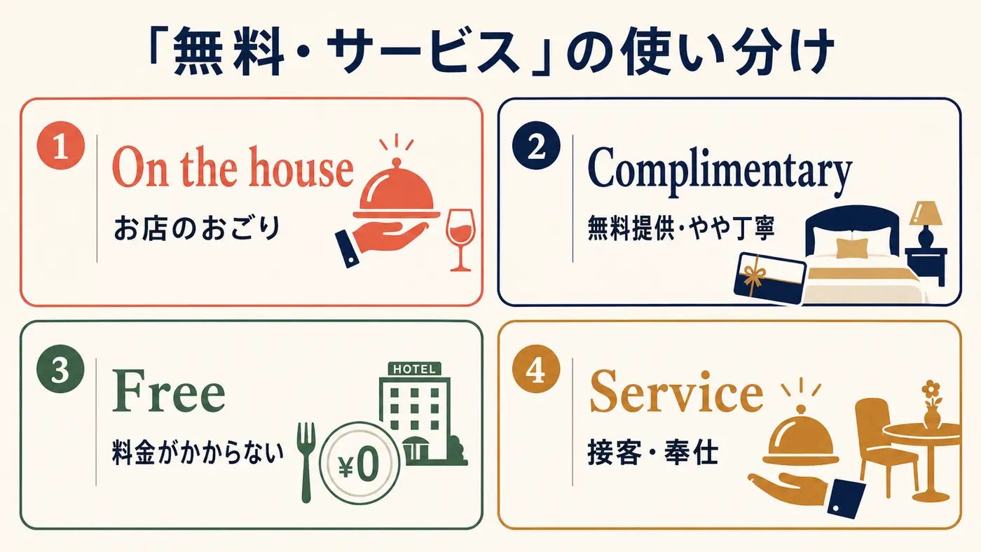On the house・Complimentary・Free・Serviceの意味と使い分け