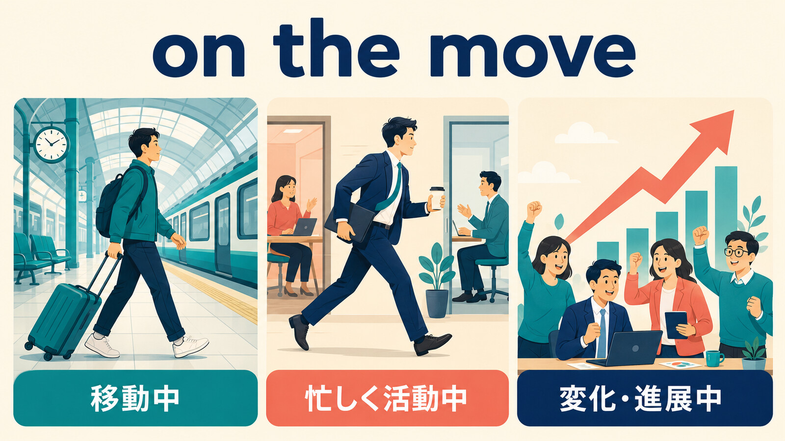 on the moveの移動中・忙しく活動中・変化や進展中という3つの意味を示す解説図
