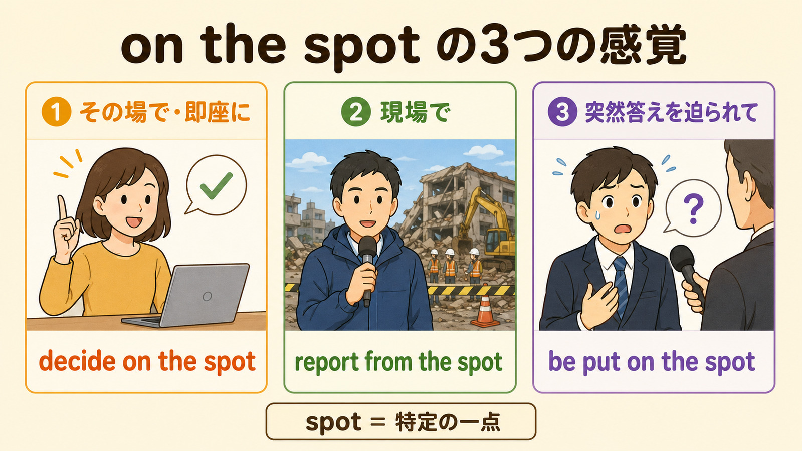 on the spotの「その場で・現場で・突然答えを迫られて」を比較する解説イラスト