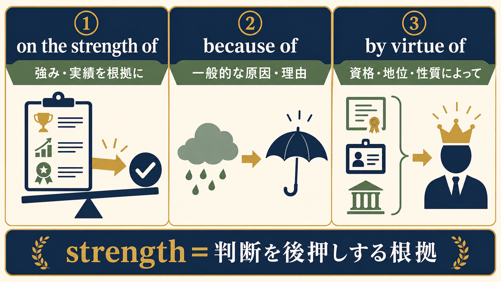 on the strength ofとbecause ofとby virtue ofの違い