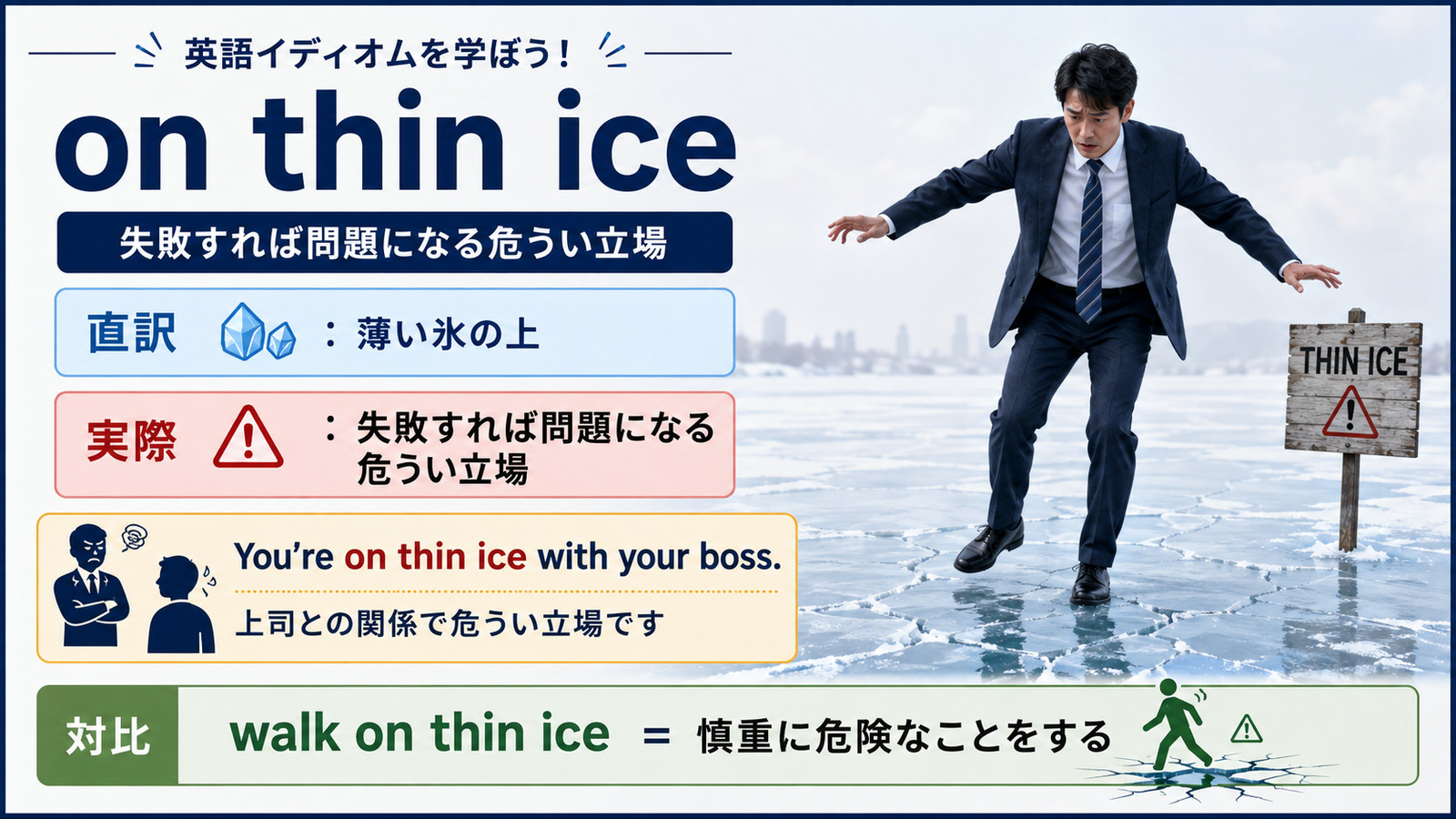 on thin iceの直訳と実際のニュアンスを比較する本文イラスト