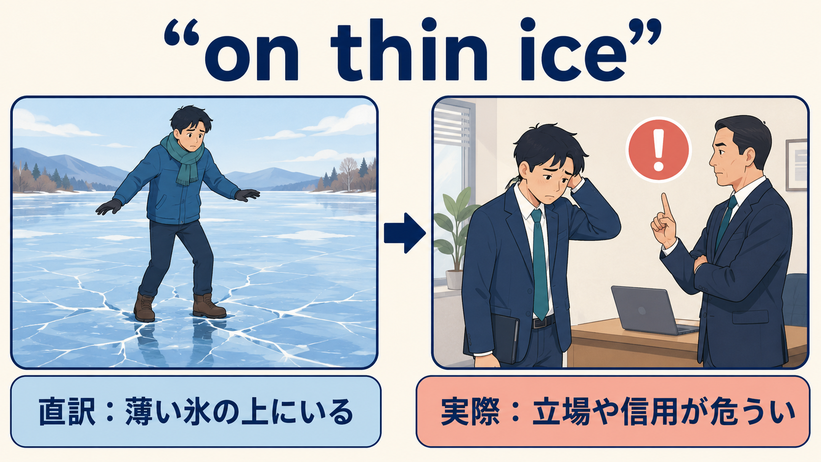 on thin iceの直訳「薄い氷の上にいる」と立場や信用が危ういという意味の比較図