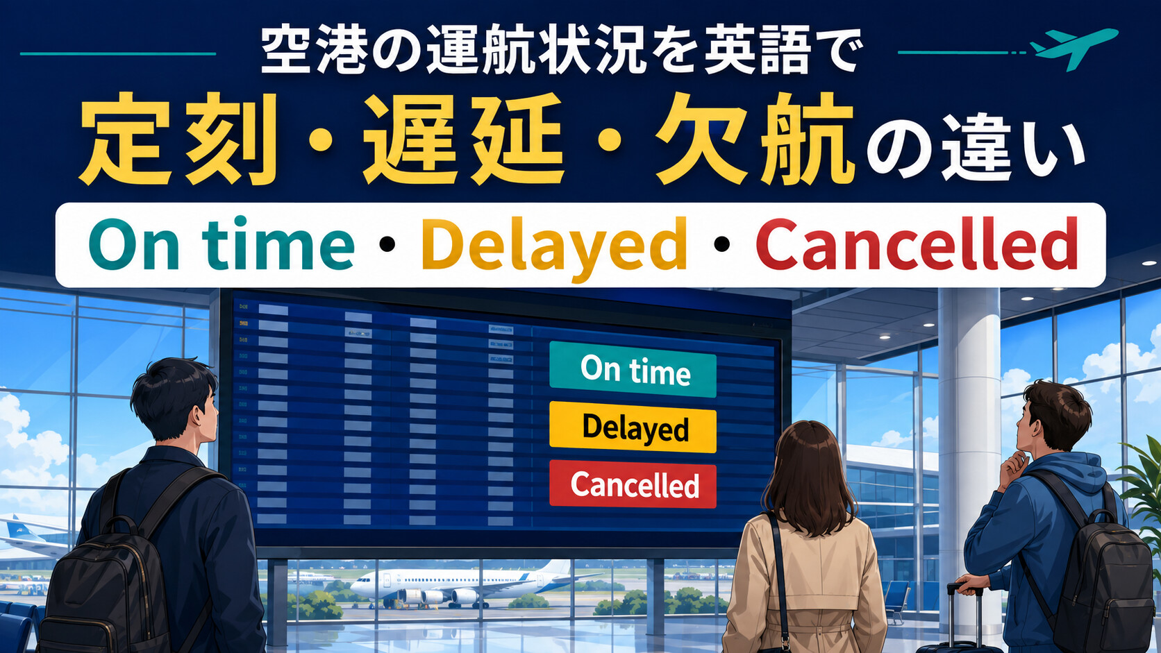 On time・Delayed・Cancelledの違い｜空港の運航状況・遅延・欠航を英語で