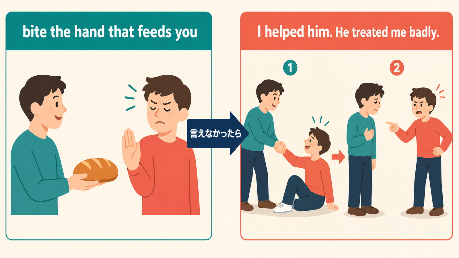 bite the hand that feeds youをI helped him. He treated me badly.と言い換えるしゅみすけ式の解説