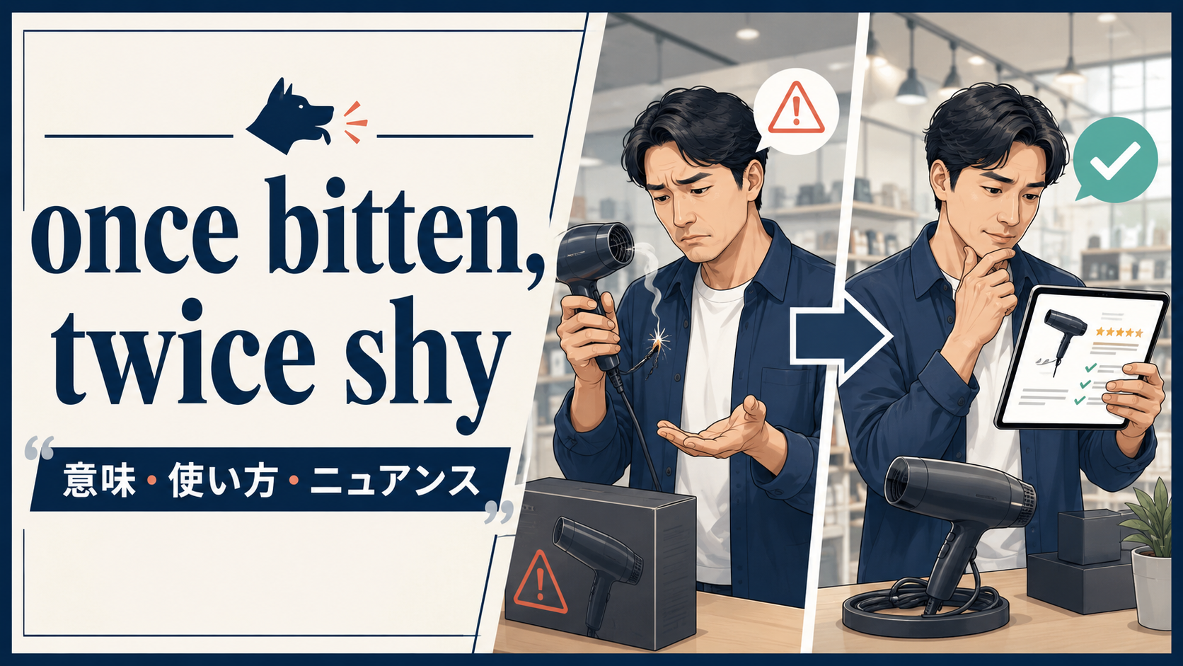 once bitten, twice shyの意味・使い方・ニュアンスを解説するアイキャッチ画像