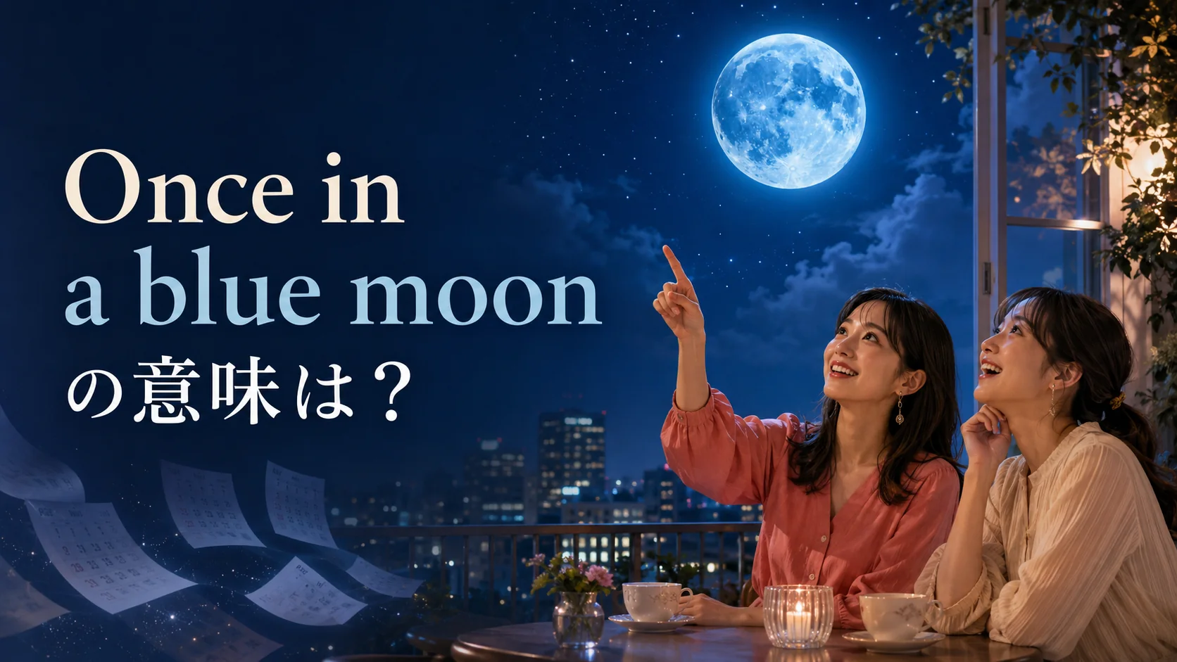 Once in a blue moonの意味は?珍しい青い月を見上げる二人の女性