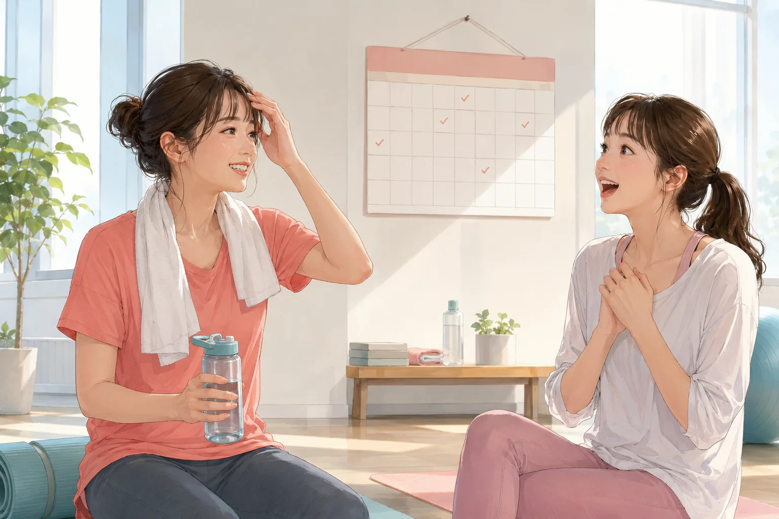 めったにジムへ行かないことを話す二人の女性