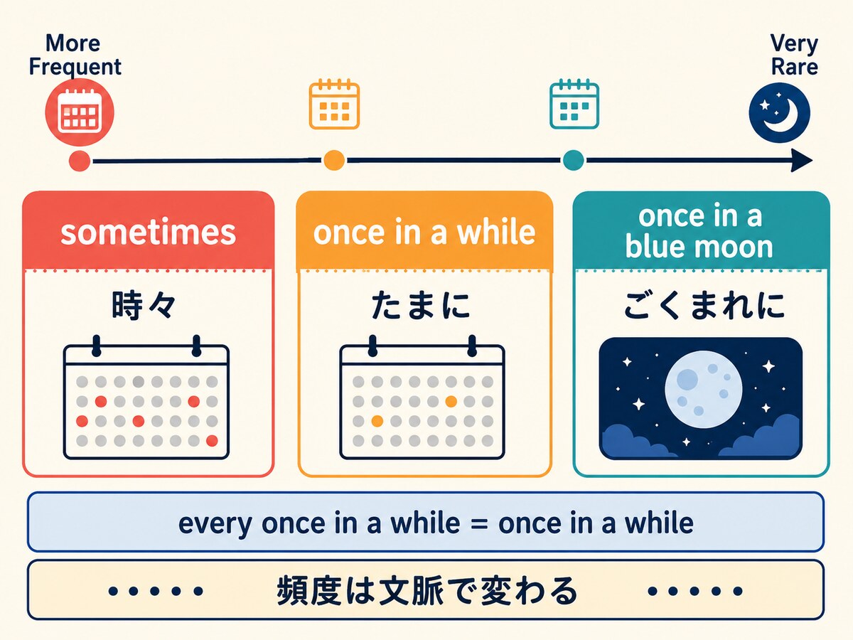 sometimes・once in a while・once in a blue moonの頻度感を比較する図