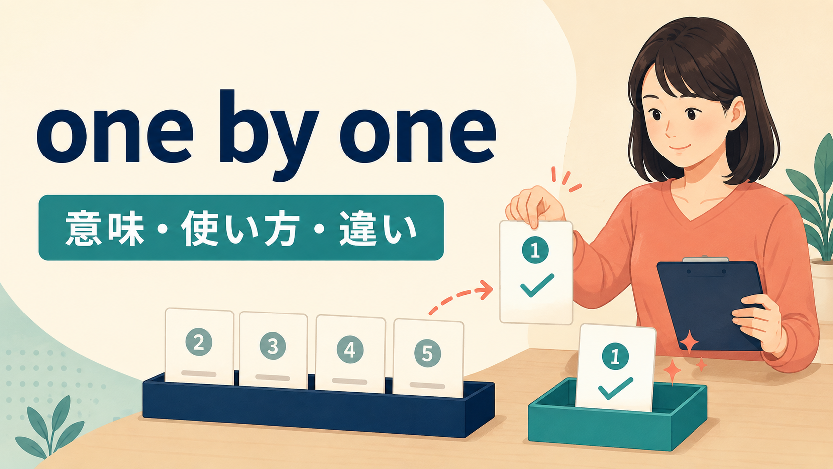 one by oneの意味・使い方・類似表現との違いを解説するアイキャッチ画像