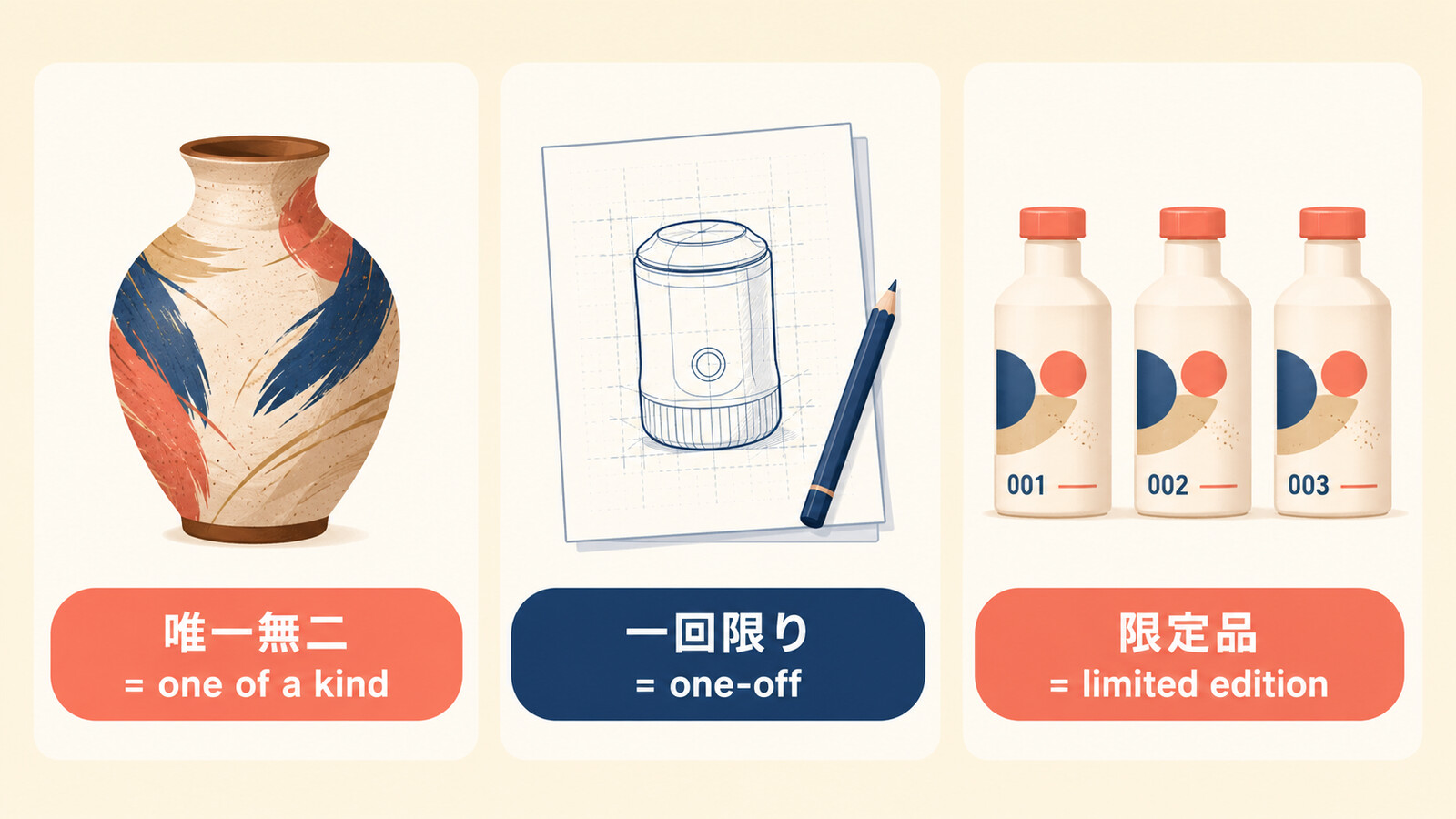 唯一無二はone of a kind、一回限りはone-off、限定品はlimited edition