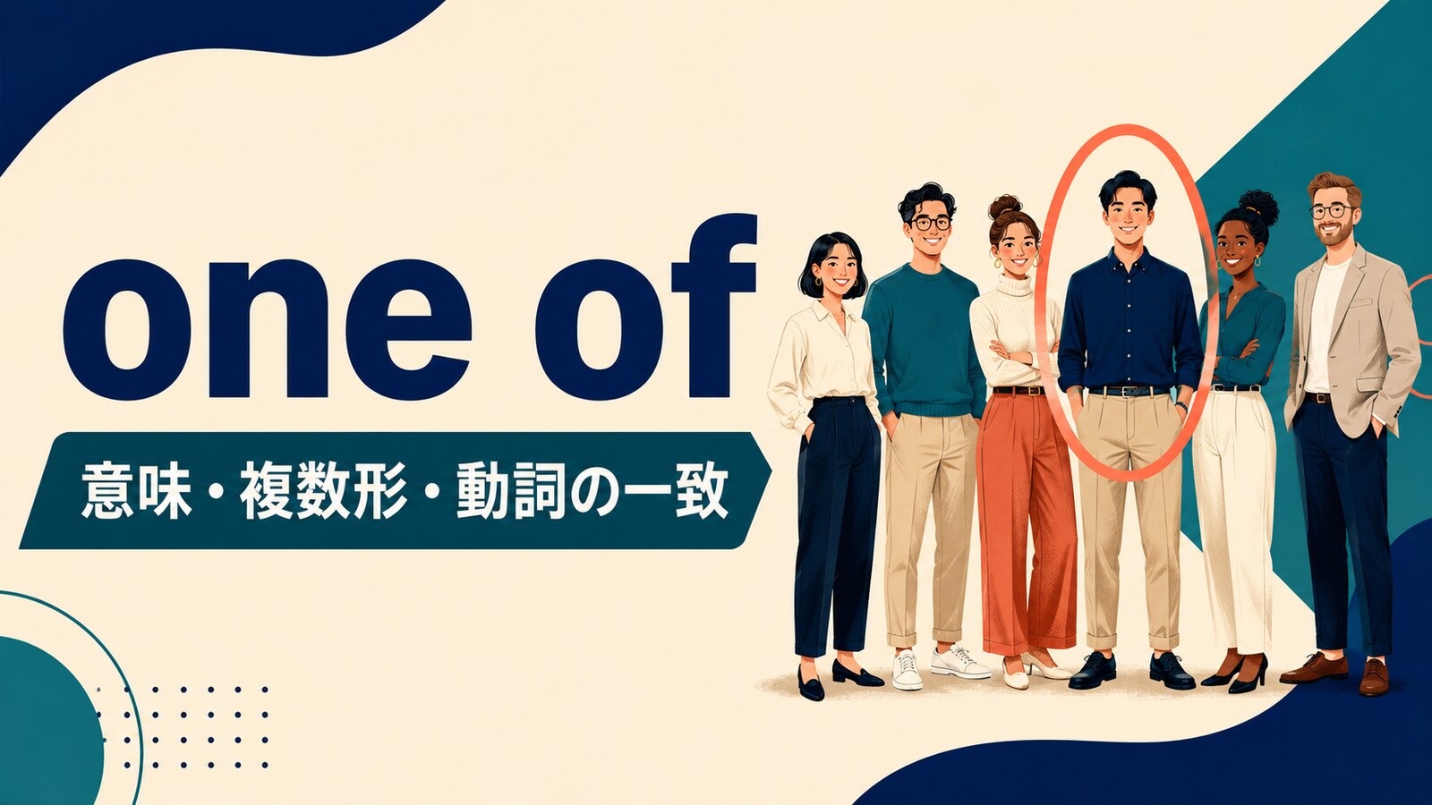 one ofの意味・複数形・動詞の一致を解説するアイキャッチ