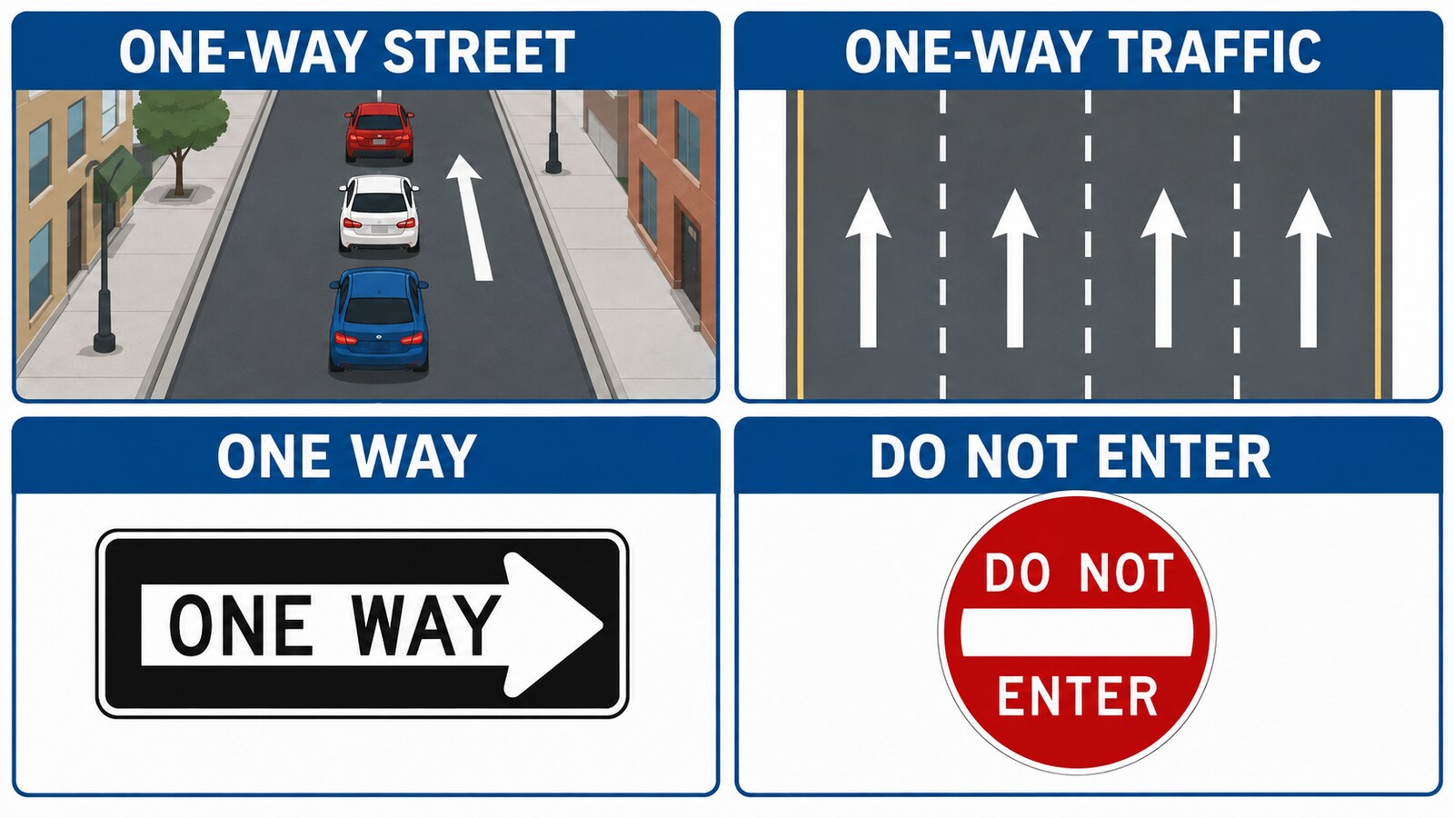 one-way street・one-way traffic・ONE WAY・DO NOT ENTERの違いを示す比較図
