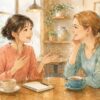 カフェで英語を使って丁寧にお願いする女性の水彩イラスト