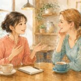 カフェで英語を使って丁寧にお願いする女性の水彩イラスト