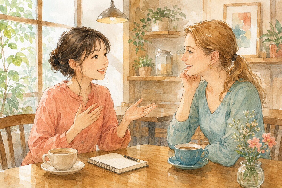 カフェで英語を使って丁寧にお願いする女性の水彩イラスト