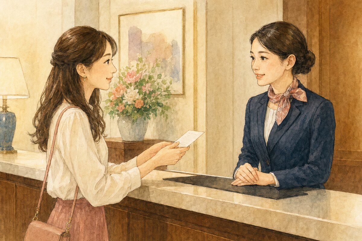 ホテルの受付で英語を使ってお願いする女性の水彩イラスト