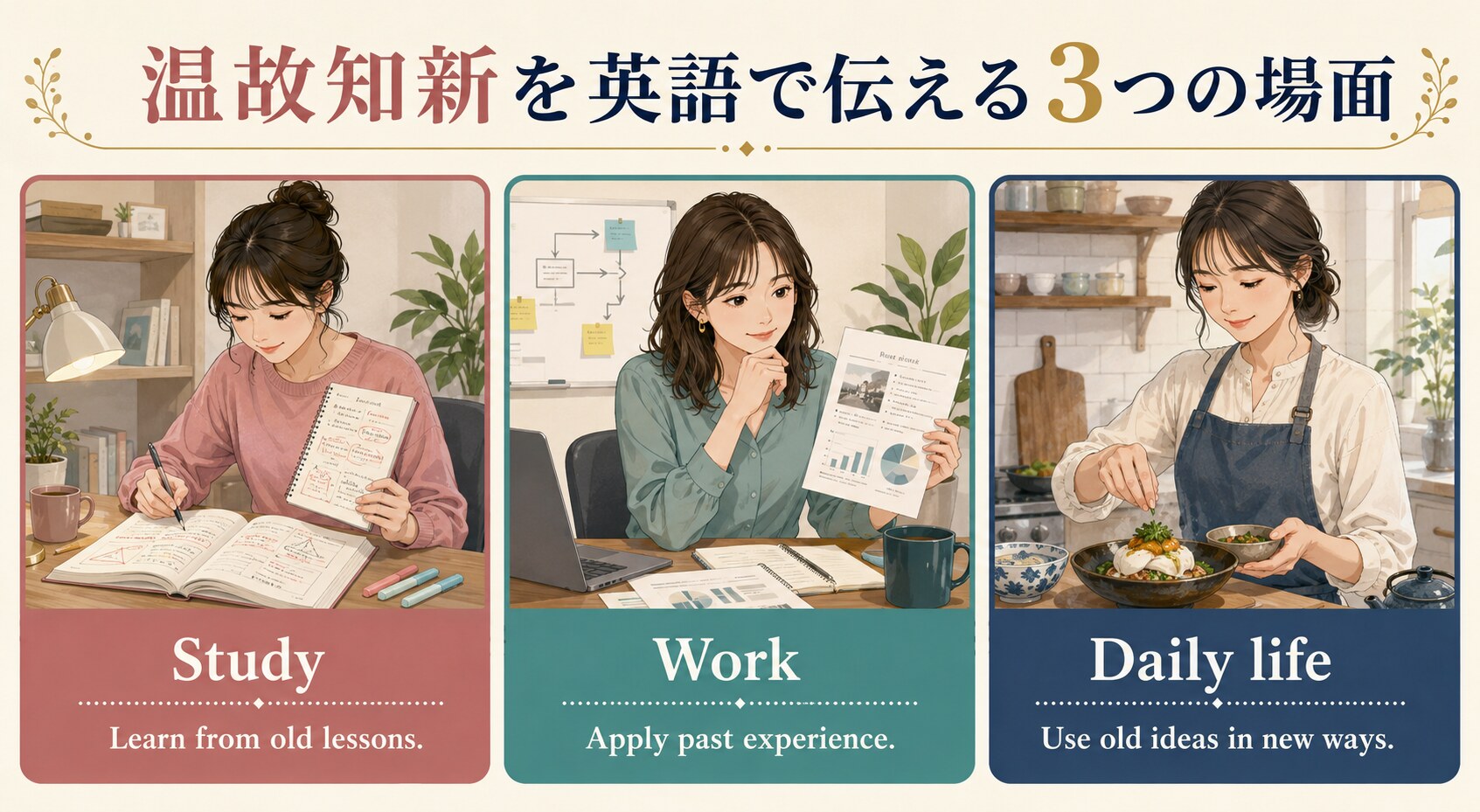 温故知新を英語で伝える勉強・仕事・日常生活の3つの場面