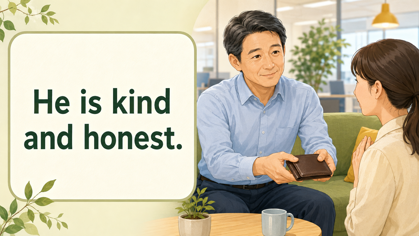 温厚篤実を簡単な英語 He is kind and honest. で表すイラスト