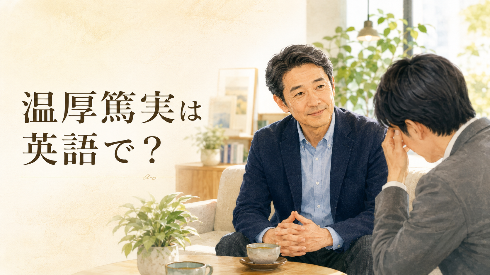 温厚篤実を表す、穏やかに同僚の話を聞く誠実な男性のイラスト