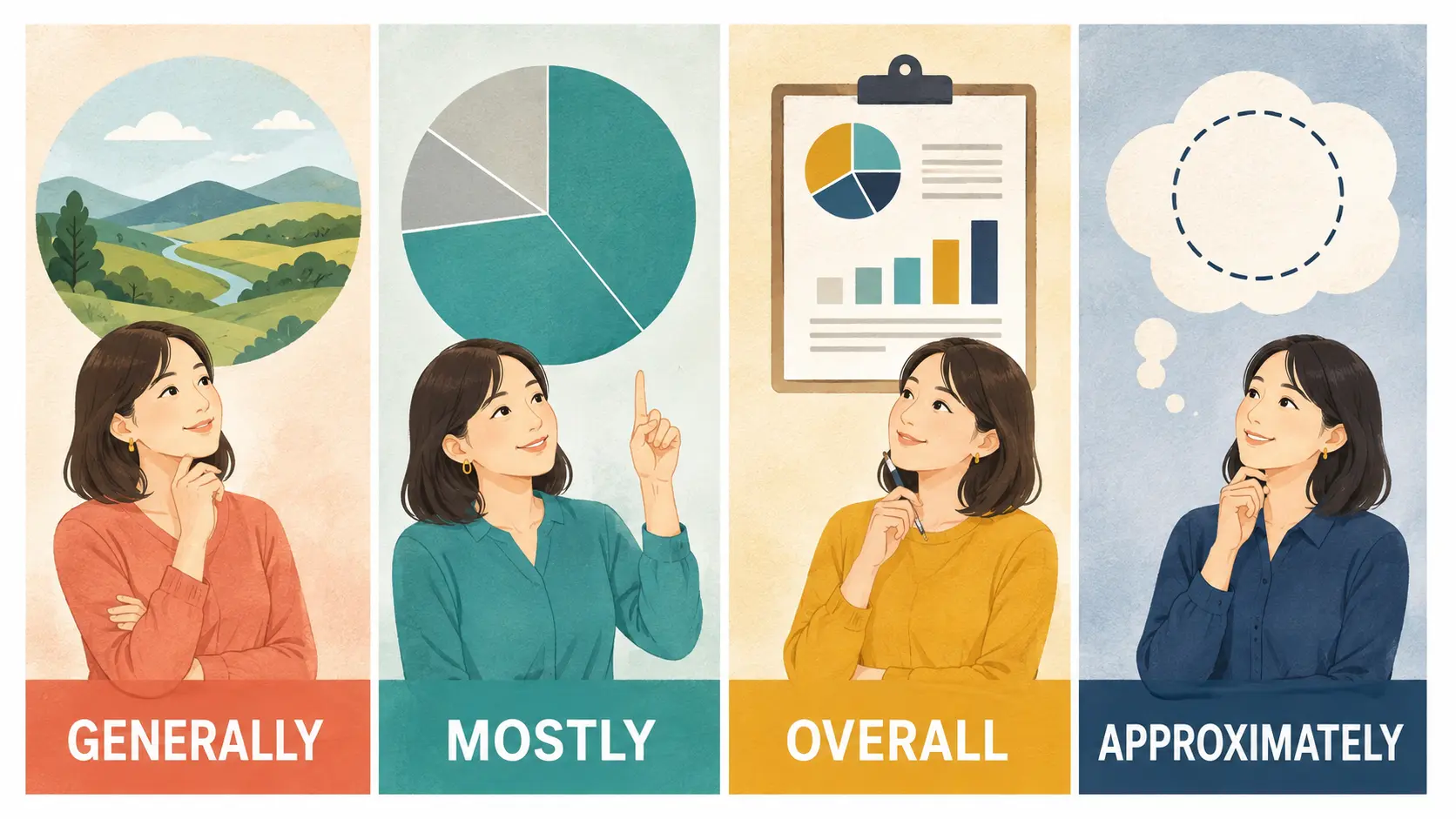 generally・mostly・overall・approximatelyの使い分け比較イラスト