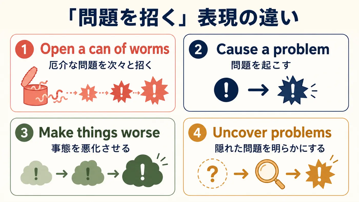 Open a can of wormsなど問題を招く英語表現の意味と違い