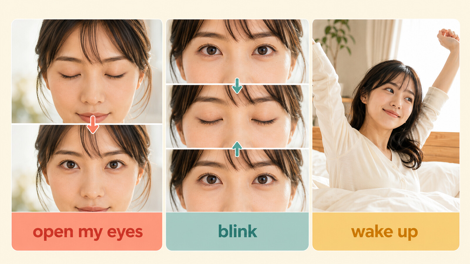 open my eyes、blink、wake upの動作の違いを示す比較イラスト