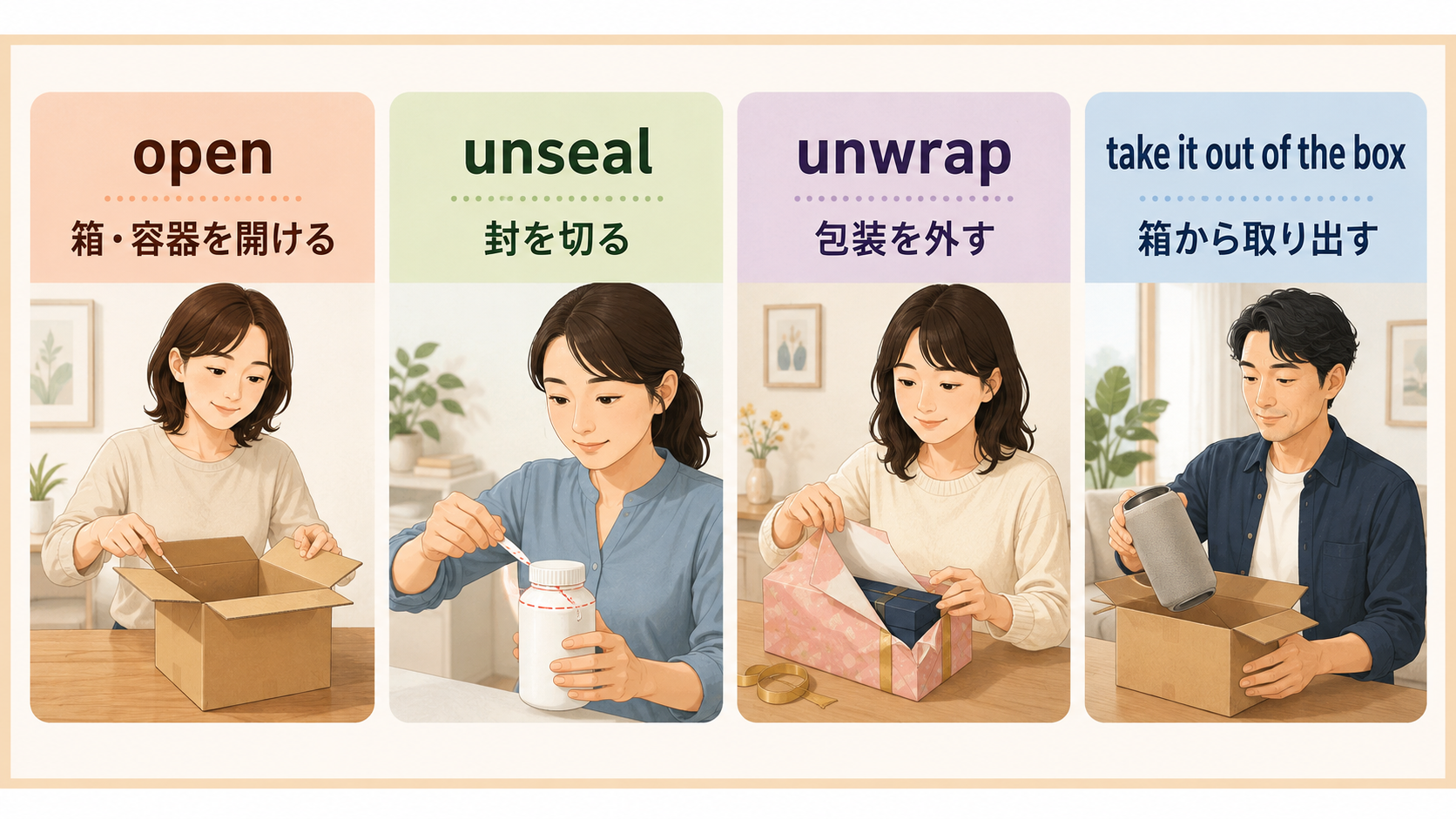 open、unseal、unwrap、take it out of the boxの違い