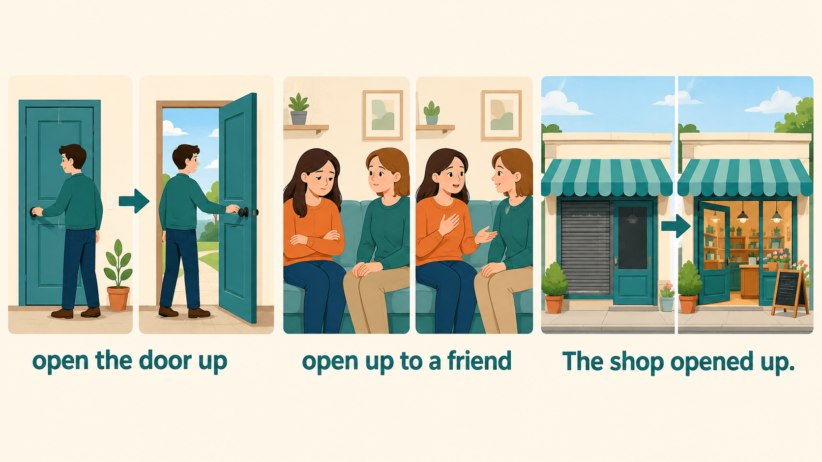 open upの開く・心を開く・開業するという3つの意味を示すイラスト