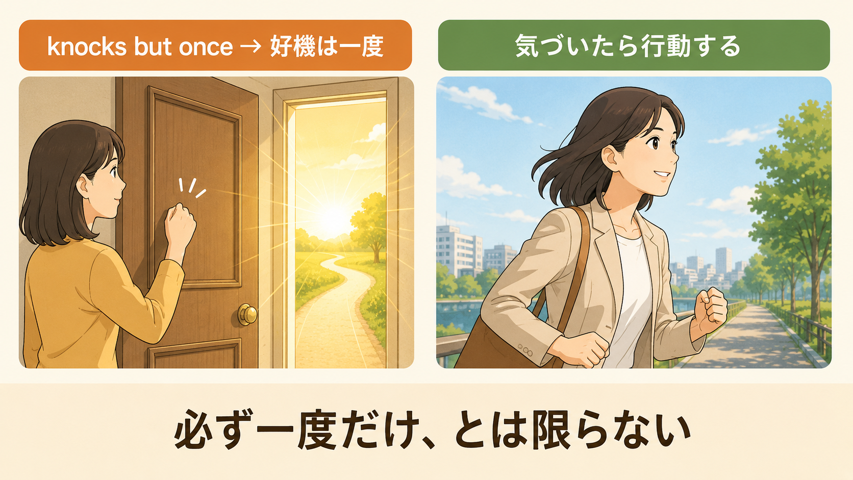 Opportunity knocks but once.の直訳と実際のニュアンスを比べる解説イラスト