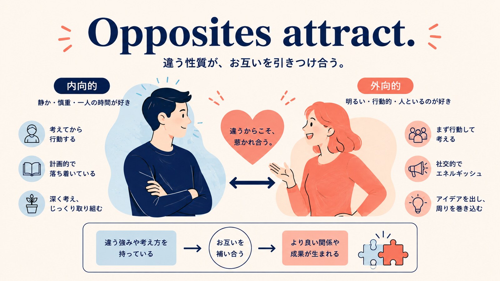 Opposites attract.の直訳と実際の意味を示す解説イラスト