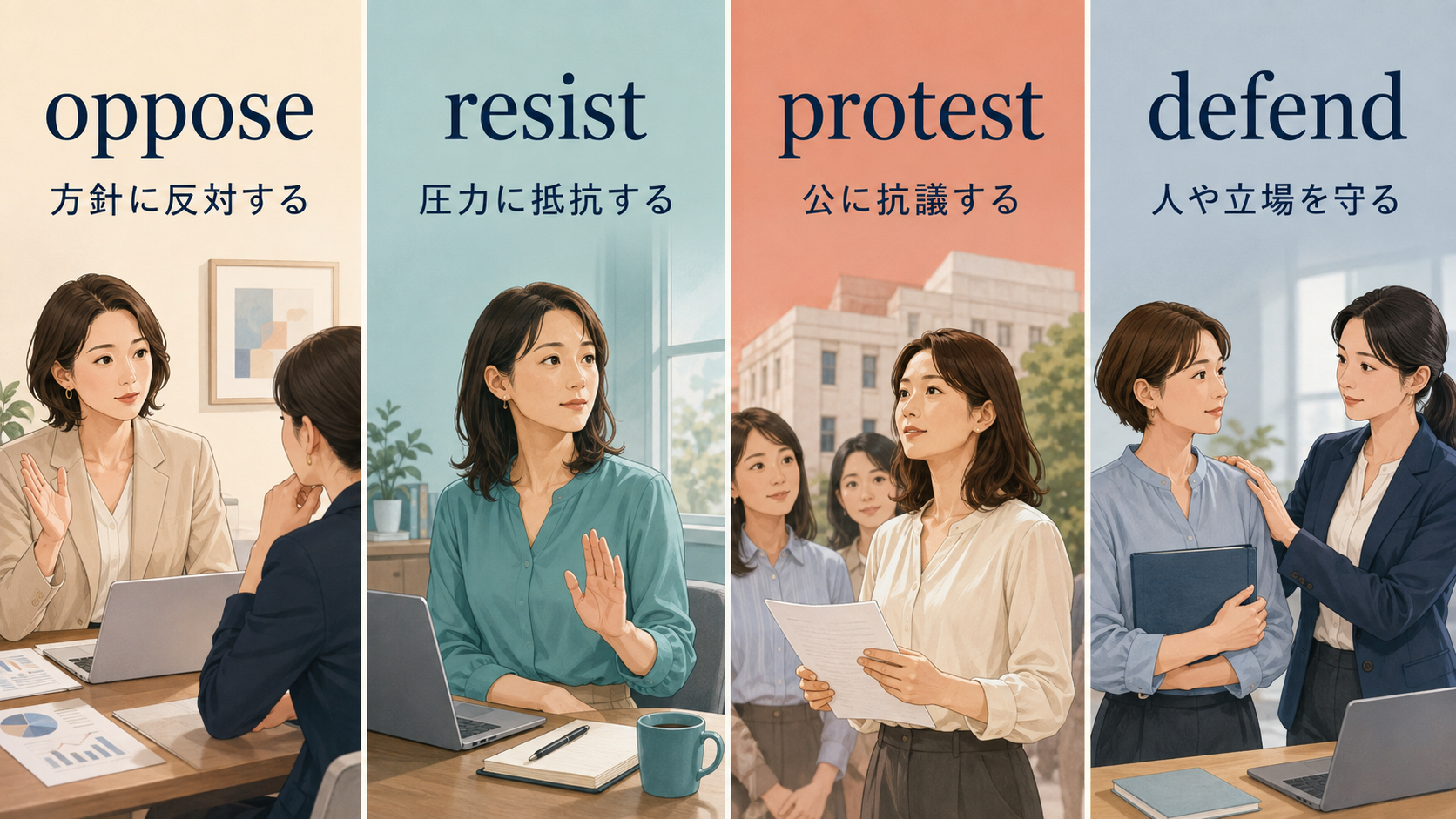oppose・resist・protest・defendの意味の違いを4場面で比較