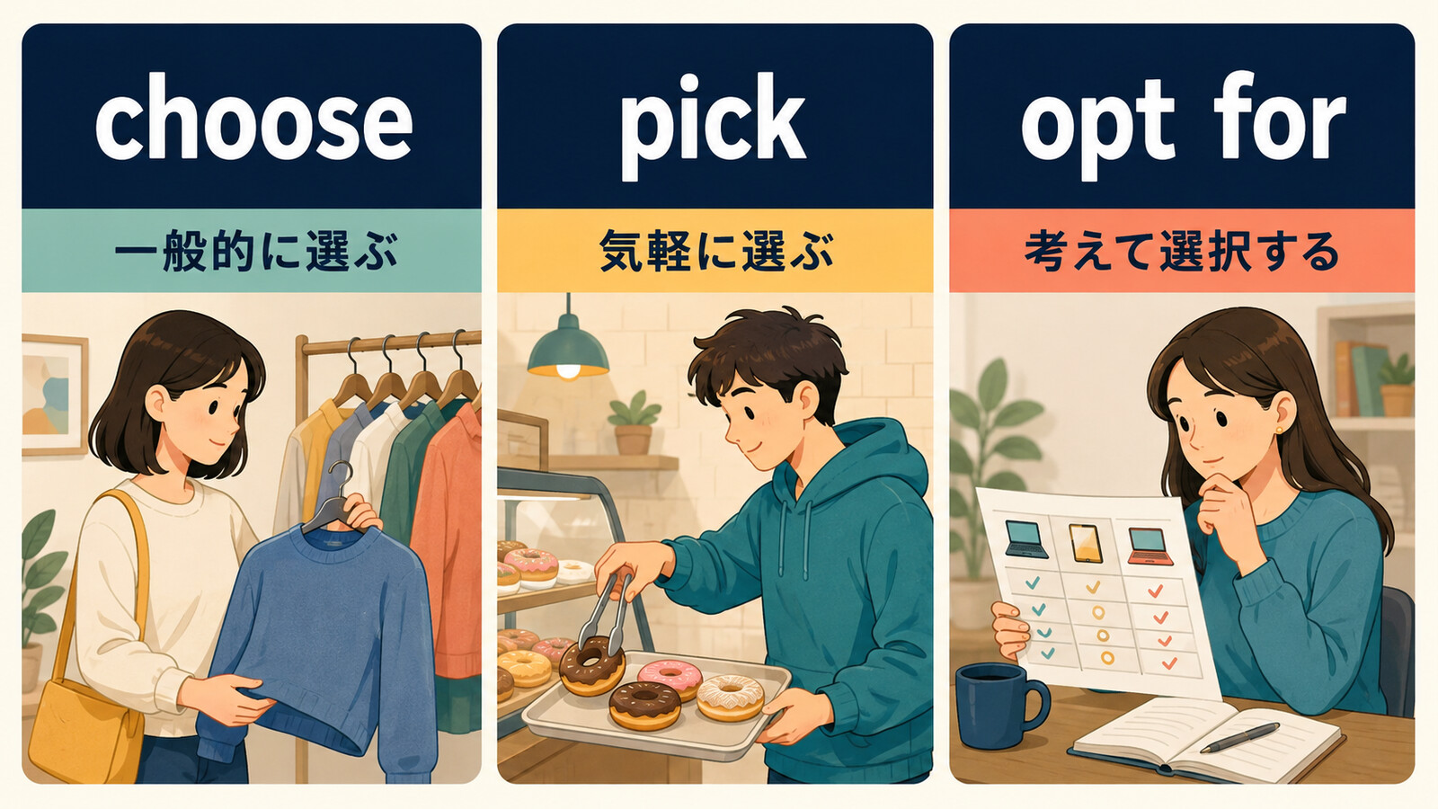 choose・pick・opt forの選び方とニュアンスの違いを比較する解説イラスト