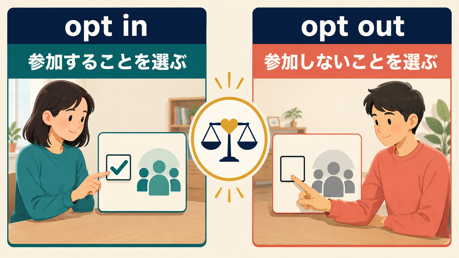 opt inとopt outの参加・不参加の違いを比較する解説イラスト
